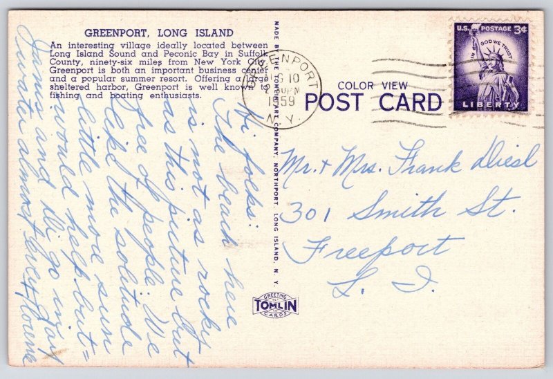 1959 Sound Shore Greenport Long Island New York Village Summer Posted Postcard 