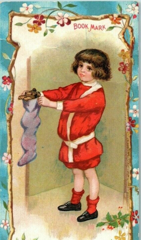 1890's Bookmark H. Leh & Co. Child Red Suit Christmas Stocking Toys 7H