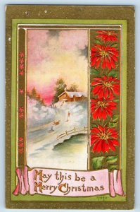 Hall Artist Signed Postcard Christmas Poinsettia Flowers Childrens Sledding