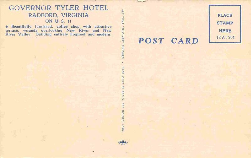 Governor Tyler Hotel US 11 Radford Virginia linen postcard