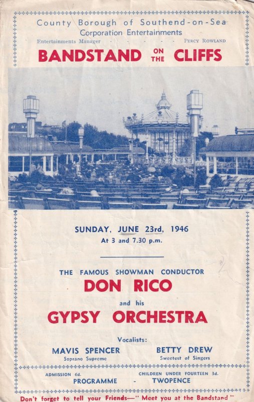 Southend On Sea 1946 Gipsy Essex Bandstand Classical Theatre Programme