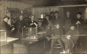 Men Store Counter Billard Stick Bottles Jars HOLGATE OHIO Cancel I Think RPPC