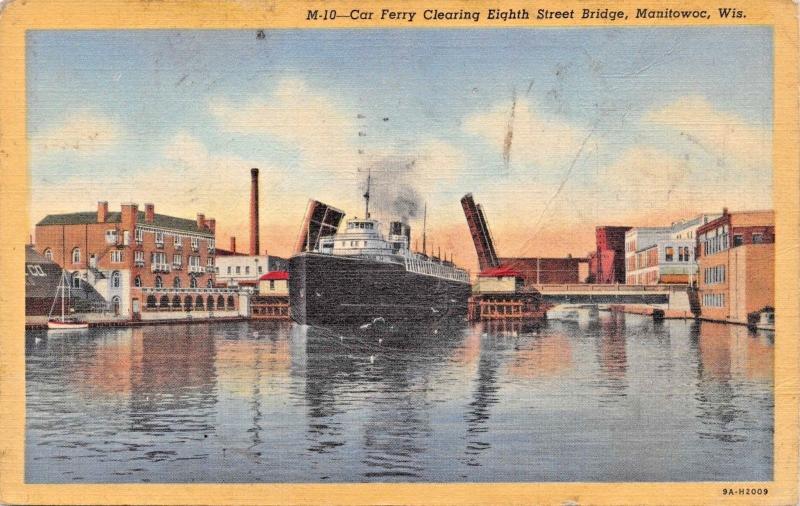 MILWAUKEE WISCONSIN- CAR FERRY CLEARING EIGHTH ST BRIDGE POSTCARD 1943 PSTMK