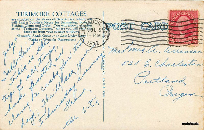 1932 Terimore Cottages Netarts Bay Oregon Roadside Brace postcard 7884