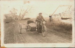 RPPC Early Harley Davidson Motorcycle Sidecar Real Photo Postcard dirt rd bridge