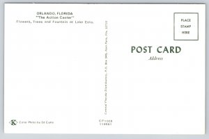 Orlando Florida~Action Center~Lake Eola~Flowers~Trees~Fountain~1950s Postcard