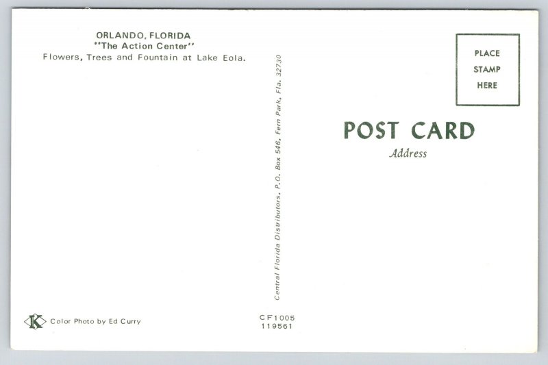 Orlando Florida~Action Center~Lake Eola~Flowers~Trees~Fountain~1950s Postcard