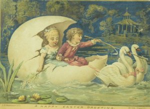 Lovely Fantasy Easter Kids in Egg Boat Swans Victorian Trade Card &S