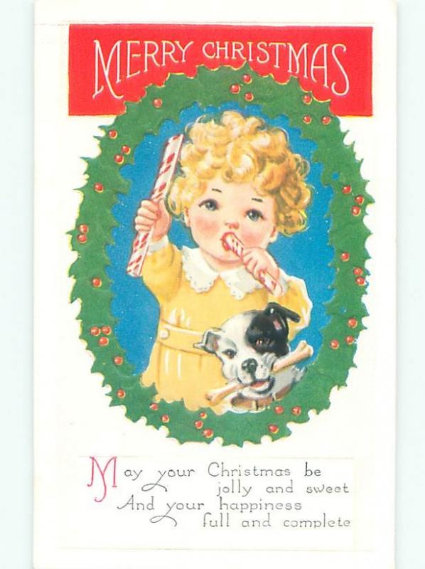 Pre-Linen Christmas DOG WITH BONE BESIDE CHILD WITH CANDY CANE AB5776