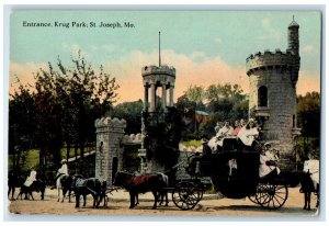 c1950 Entrance Krug Park Tower Women's On Carriage Horses St. Joseph MO Postcard