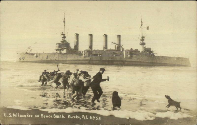 Eurka CA Naval Ship Milwaukee Ashore Samoa Beach c1920 Real Photo Postcard