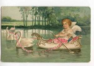 3032753 Cute CUPID in Boat w/ SWANS Vintage EMBOSSED colorfulPC