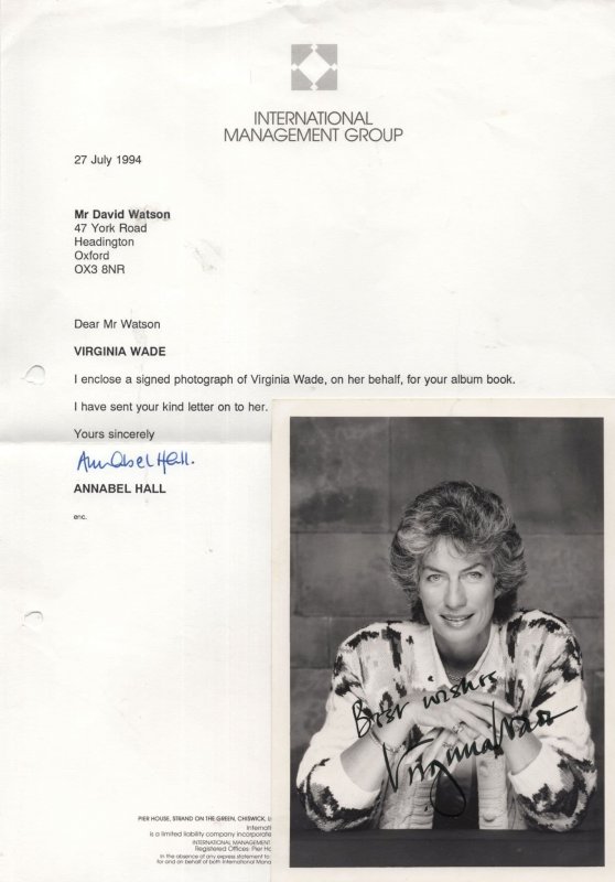 Virginia Wade Hand Signed Tennis Photo & Management Letter