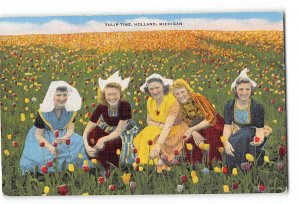 Holland Michigan MI Postcard 1930-1950 Tulip Time Women Posing With Flowers