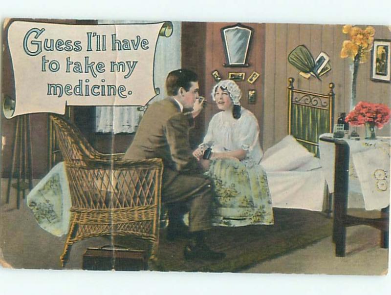 Pre-Linen Comic MAN GETS MEDICINE TO WOMAN AB9357