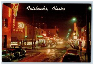 c1950's Night Scene Of Second Avenue Classic Cars Fairbanks Alaska AK Postcard 
