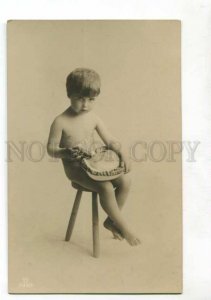 401698 Nude KID Boy Child w/ Sweet Cake Vintage PHOTO PC