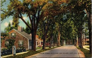 Vtg Typical Street in a Cape Cod Village Massachusetts MA 1940s Linen Postcard