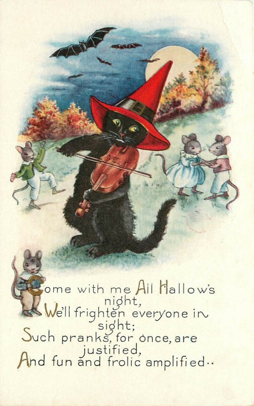 Embossed Whitney Halloween Postcard Black Cat Plays Fiddle Dressed Mice Dance