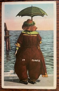 Vintage Humorous Postcard 1924 - Woman with Umbrella - It Floats