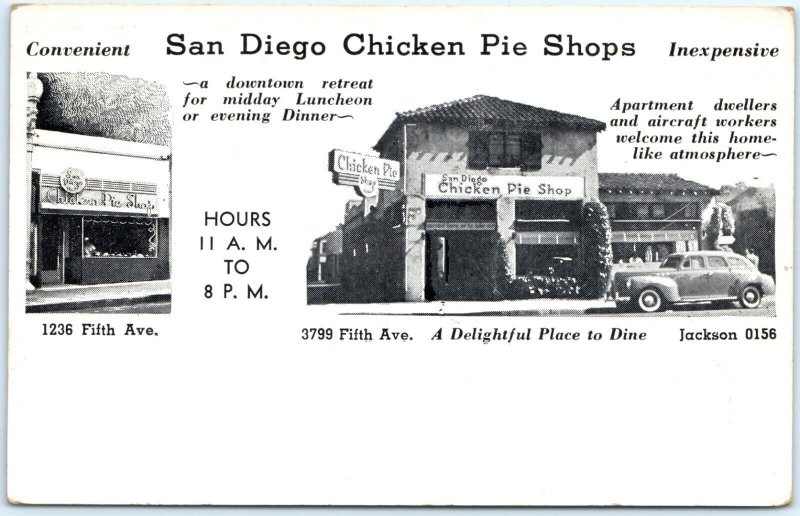 c1930s San Diego, CA Chicken Pot Pie Shop Advertising Restaurant Postcard A116