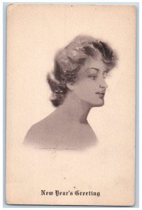 New Year Postcard Greetings Pretty Woman Curly Hair c1905 Unposted Antique