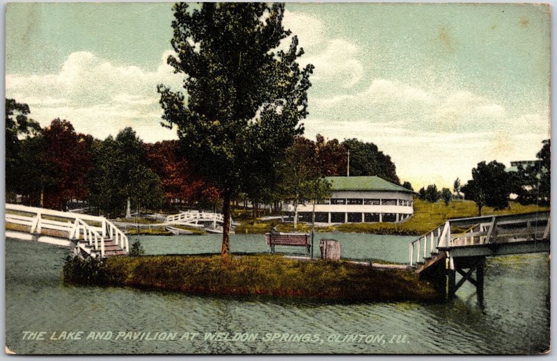 The Lake and Pavilion Weldon Springs Clinton Illinois IL Park Postcard