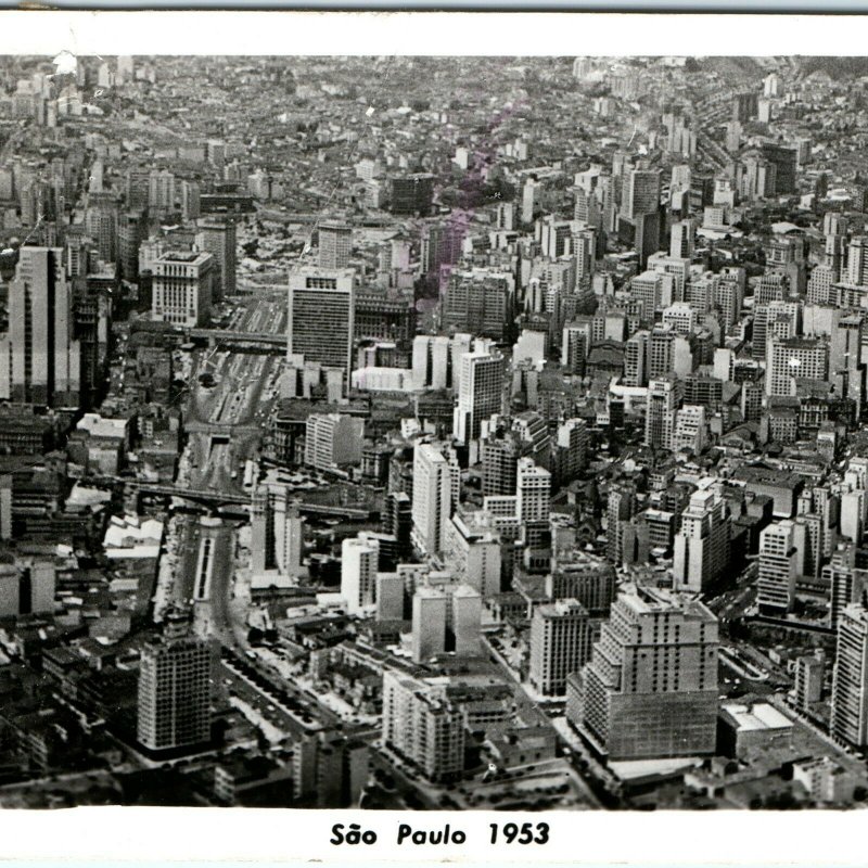 1953 Sao Paulo, Brazil RPPC Birds Eye Photo Postcard Conference Advertising A3