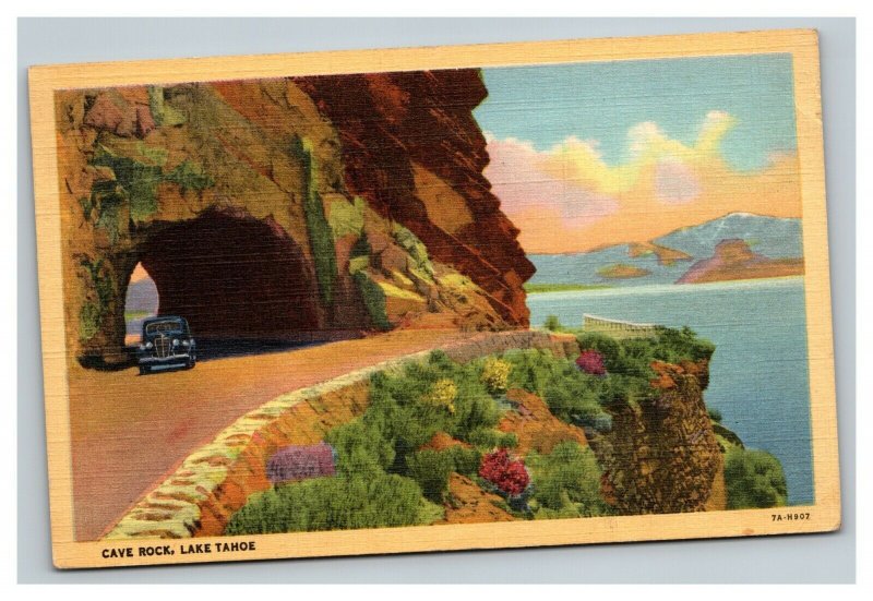 Vintage 1945 Postcard Antique Car on US 50 Cave Rock Lake Tahoe Nevada