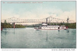 Paddlewheeler On Williamette  River With Steel Bridge Oregon