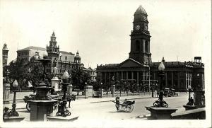 south africa, DURBAN, Post Office & Natal Bank Corner, Rickshaw Boy (1920s) RPPC