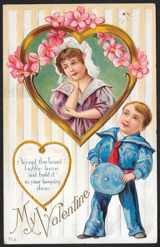 My Valentine Boy in Blue Sailors Outfit Girl in Heart & Flowers Used c1910s