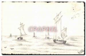 Postcard Old Boat pencil drawing by hand