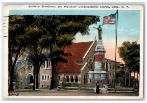 1922 Soldier's Monument And Plymouth Congregational Church Utica NY Postcard 