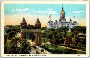 VINTAGE POSTCARD STATE CAPITOL AND MEMORIAL ARCH AT HARTFORD CONNECTICUT 1931