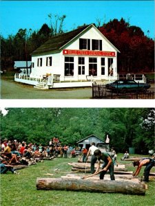 2~Postcards IN Indiana  BILLIE CREEK VILLAGE General Store~Log Splitting Contest