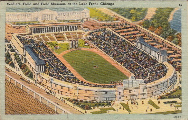 Postcard Soldiers Field and Field Museum Lake Front Chicago IL Stadium