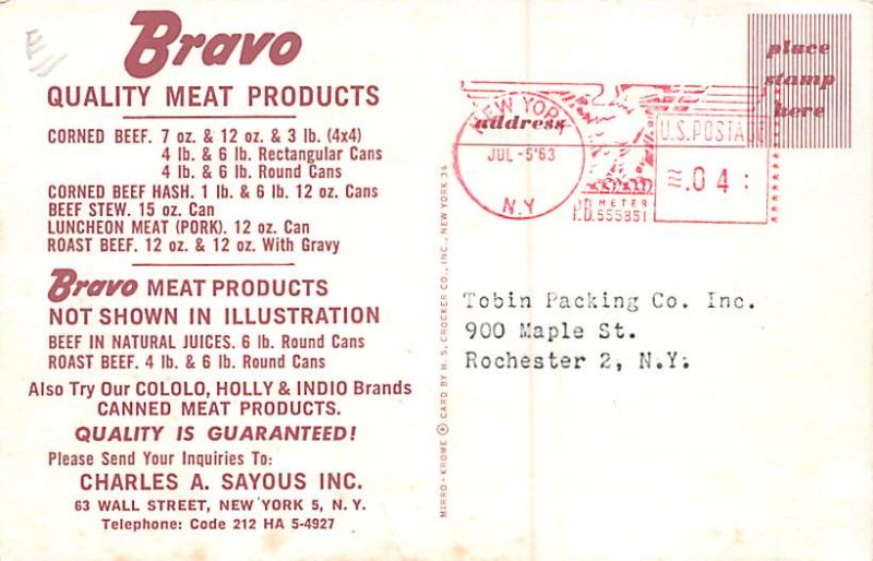 Bravo Corned Beef New York, USA Advertising 1963 Ink Stamp 