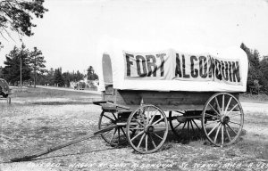 St Ignace Michigan~Conestoga Covered Wagon @ Fort Algonquin~RPPC 1940s Postcard 