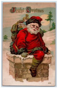 c1910's Christmas Santa Claus Sack Of Toys Chimney Pine Trees Winter Postcard