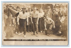 c1910 Start of Relay Race Sports Men Racing Unposted Photo RPPC Postcard