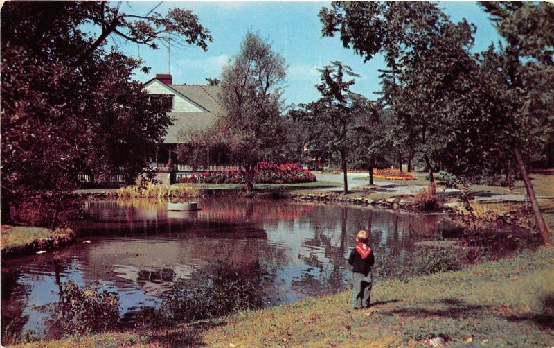 Altoona Pennsylvania~Lakemont Park~Little Boy by Lake~Pavilion Bknd~1950s Pc