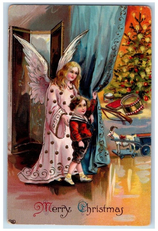 1911 Christmas Tree Angel Boy Toys Embossed Lansing MI Posted Antique Postcard