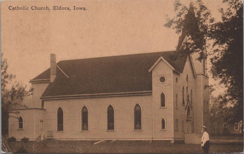 Postcard Catholic Church Eldora Iowa IA