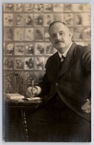 RPPC Handsome Gentleman With Fountain Pen Writing Table Real Photo Postcard J38