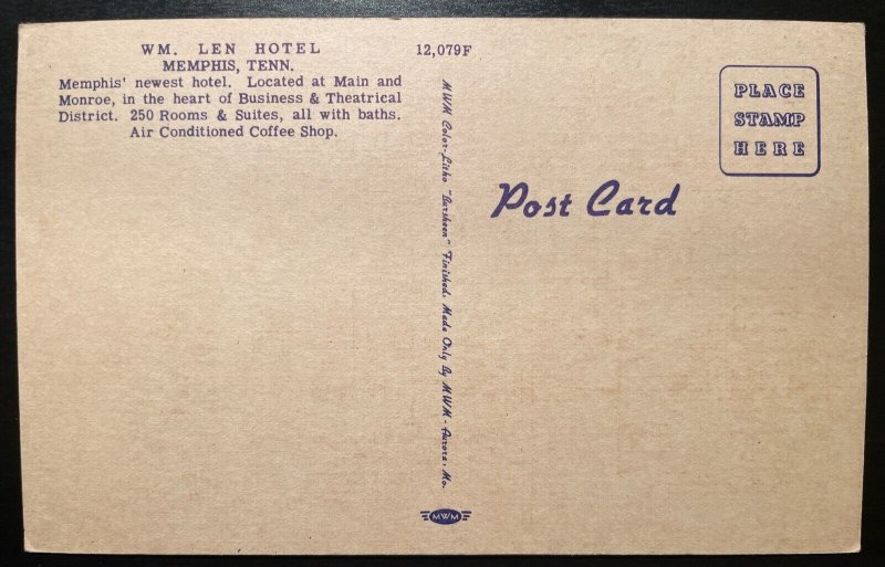 Vintage Postcard 1930 William Len Hotel, Memphis, Tennessee (TN)