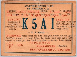 1935 QSL Radio Card Code K5AI US Army Ft. Amador C.Z. Amateur Station Postcard