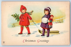 Christmas Postcard Greetings Children Winter Suit With Doll Handwarmer Berries