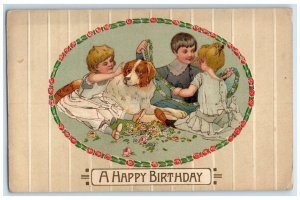 c1910's Happy Birthday Children Making Decor Flowers Dog Embossed Postcard