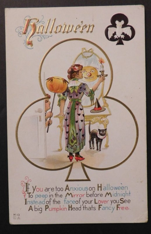 Mint USA Picture Postcard Halloween Woman with Candle by Mirror with Pumpkin Poe